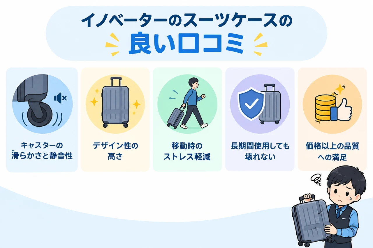イノベーターのスーツケースの良い口コミの要点をまとめた図解(キャスターの滑らかさと静音性・デザイン性の高さ・移動時のストレス軽減)