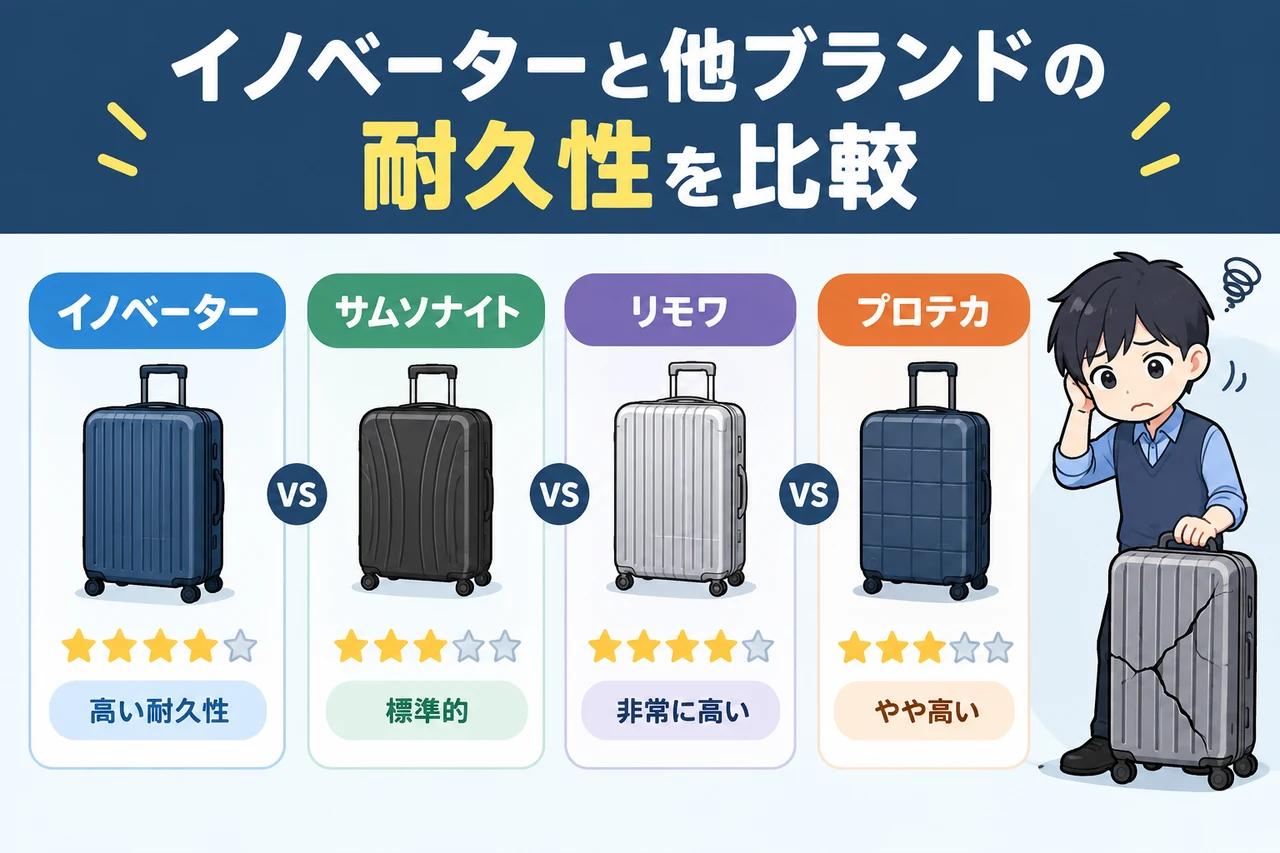 イノベーターと他ブランドの耐久性を比較の要点をまとめた図解(サムソナイトとの比較・リモワとの比較・プロテカとの比較)