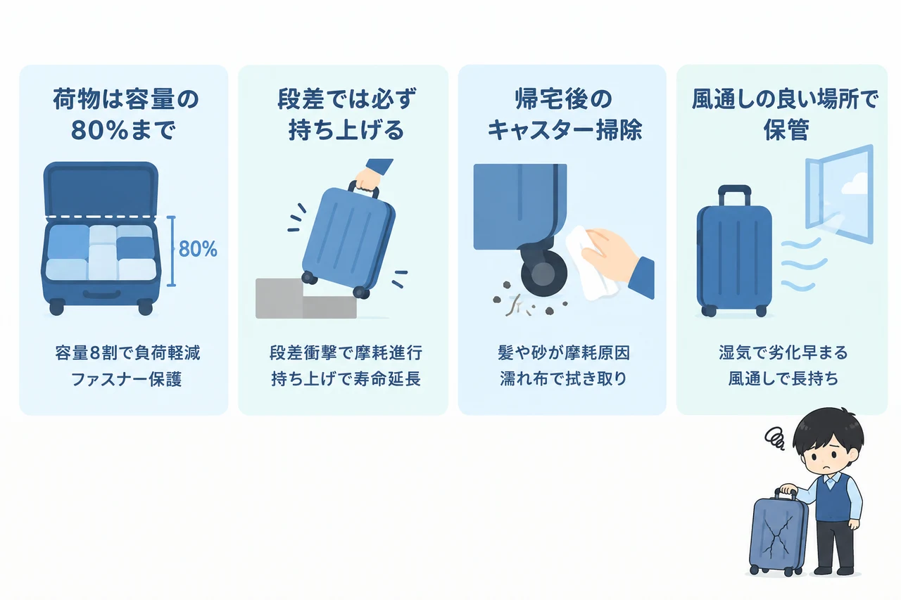 イノベーターのスーツケースを長持ちさせるコツの要点をまとめた図解(荷物は容量の80%まで・段差では必ず持ち上げる・帰宅後のキャスター掃除)