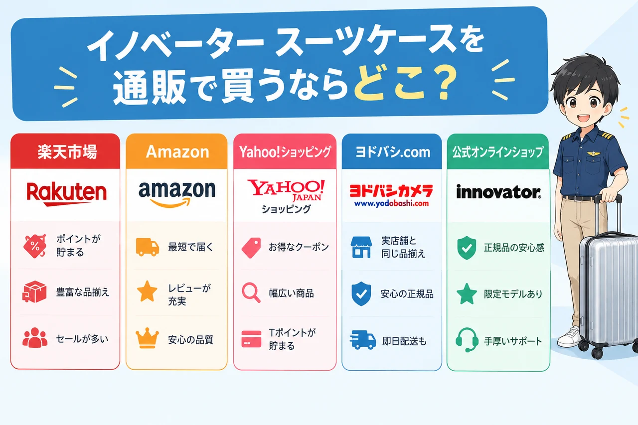 イノベーター スーツケースを通販で買うならどこ?の要点をまとめた図解(楽天市場・Amazon・Yahoo!ショッピング)