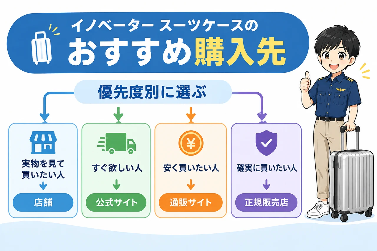 イノベーター スーツケースのおすすめ購入先の要点をまとめた図解(実物を見て買いたい人・すぐ欲しい人・安く買いたい人)