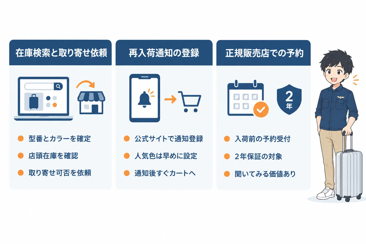 イノベーター スーツケースの在庫切れ時に手に入れる方法の要点をまとめた図解(在庫検索と取り寄せ依頼・再入荷通知の登録・正規販売店での予約)