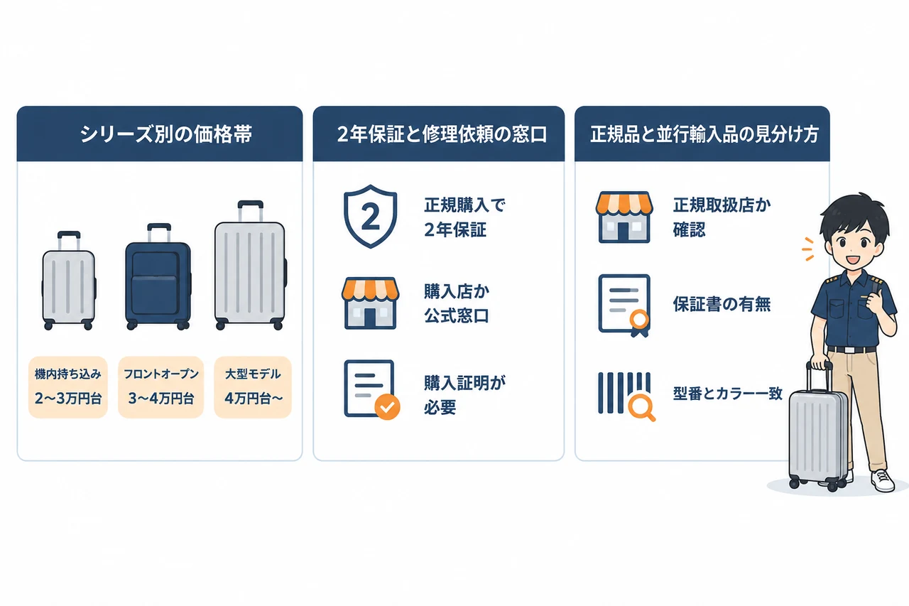 イノベーター スーツケースの値段と購入時の注意点の要点をまとめた図解(シリーズ別の価格帯・2年保証と修理依頼の窓口・正規品と並行輸入品の見分け方)