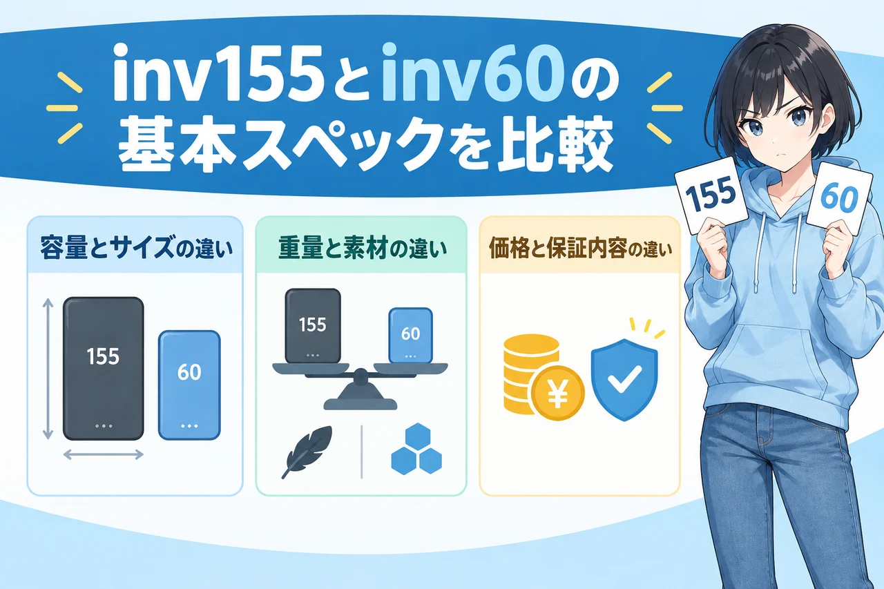 inv155とinv60の基本スペックを比較の要点をまとめた図解（容量とサイズの違い・重量と素材の違い・価格と保証内容の違い）