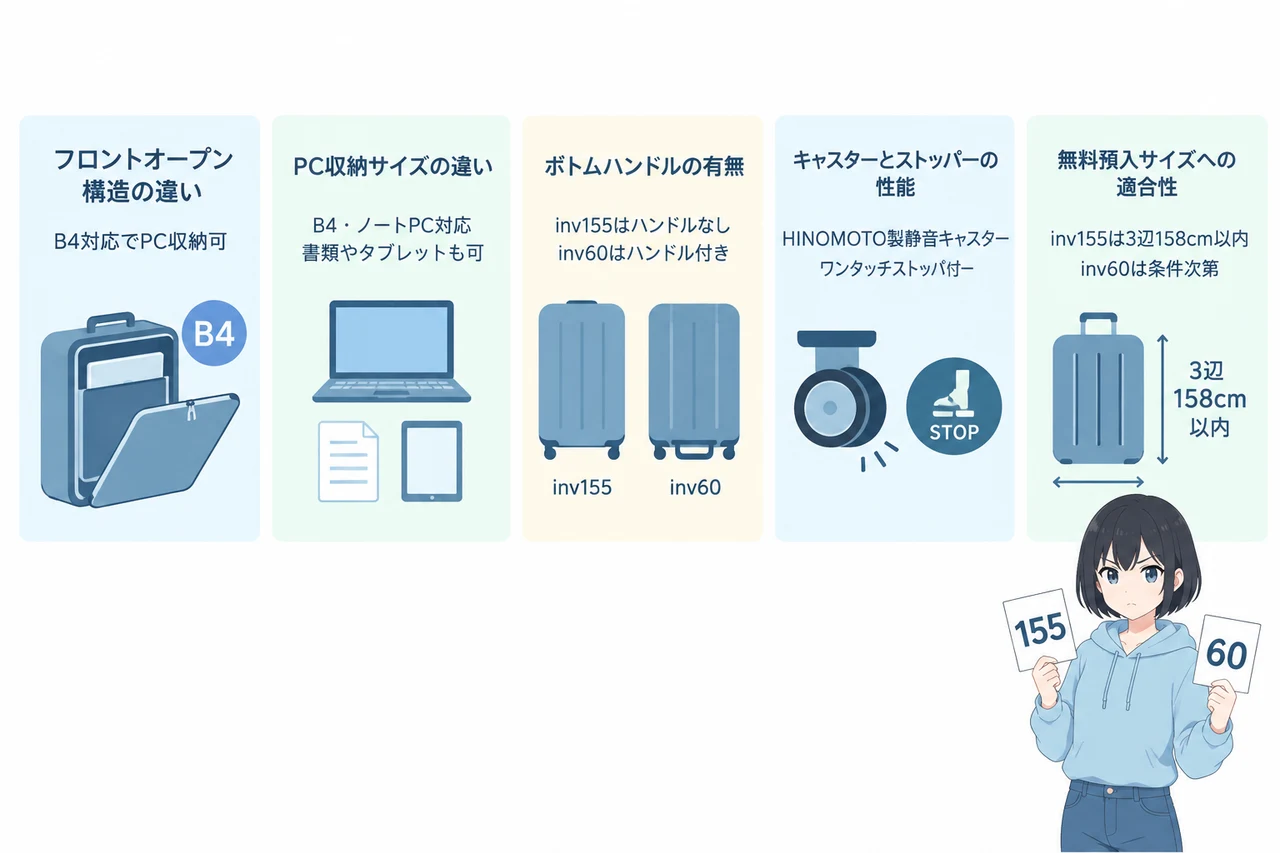 inv155とinv60の機能面を比較の要点をまとめた図解（フロントオープン構造の違い・PC収納サイズの違い・ボトムハンドルの有無）