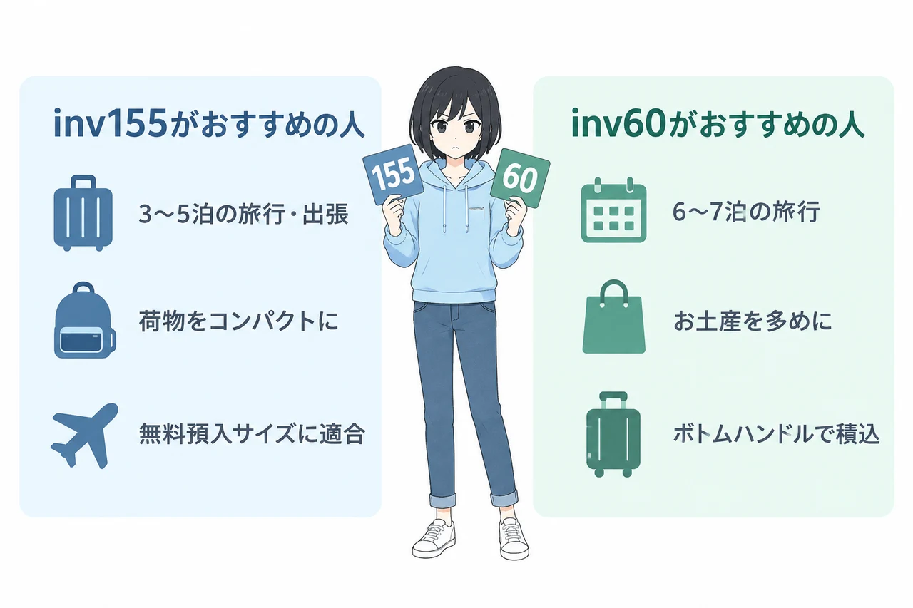 inv155とinv60どちらがおすすめ？の要点をまとめた図解（inv155がおすすめの人・inv60がおすすめの人）