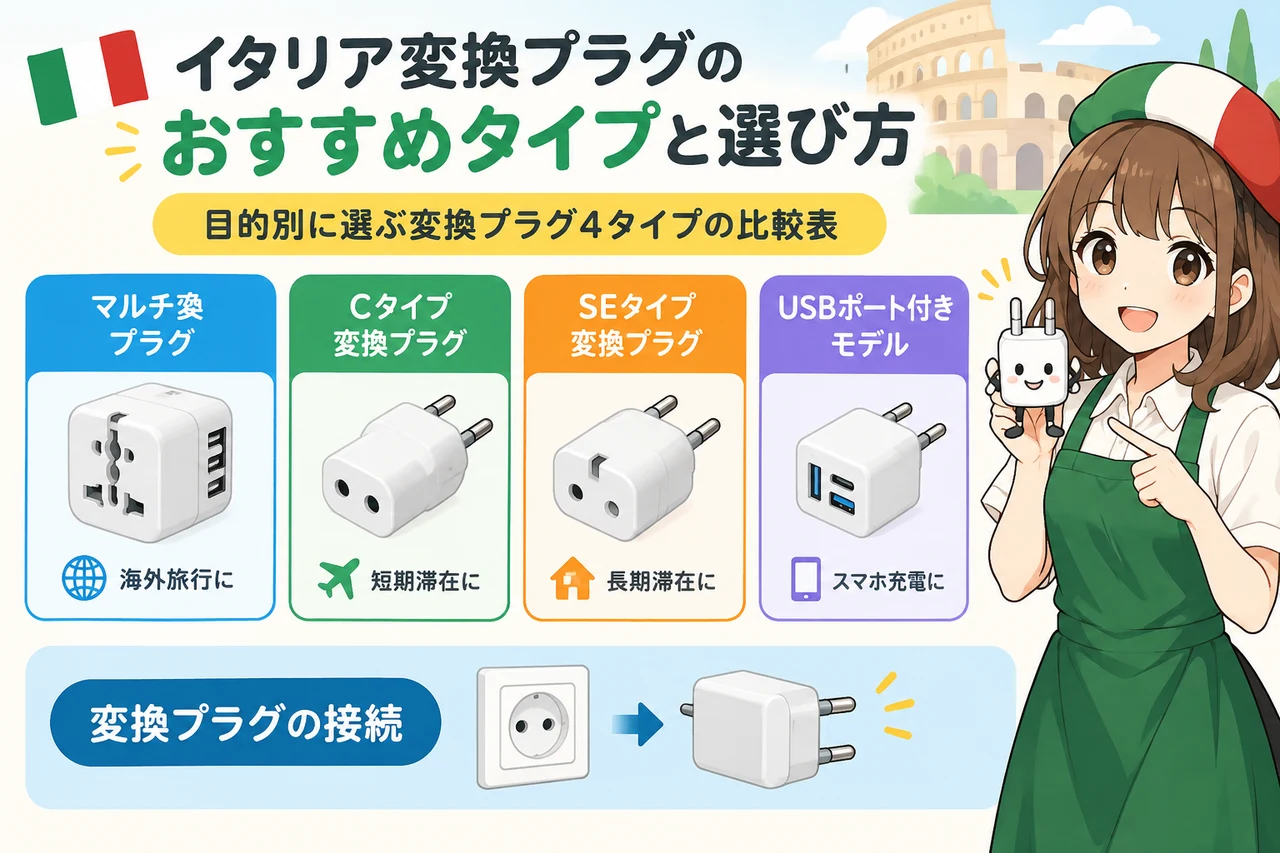 イタリア変換プラグのおすすめタイプと選び方の要点をまとめた図解（マルチ変換プラグ・Cタイプ変換プラグ・SEタイプ変換プラグ）