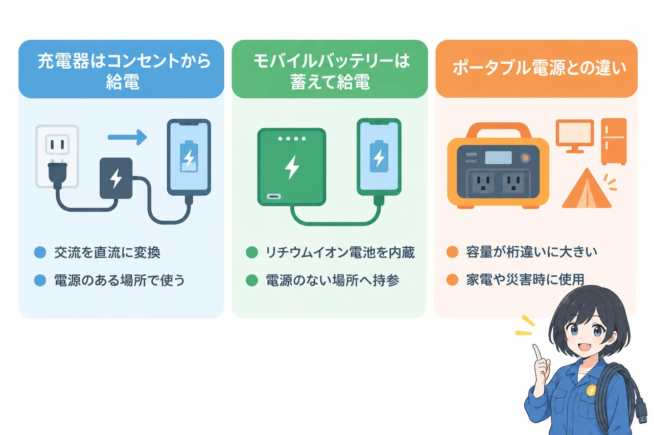 モバイルバッテリーと充電器の違いとはの要点をまとめた図解（充電器はコンセントから給電・モバイルバッテリーは蓄えて給電・ポータブル電源との違い）