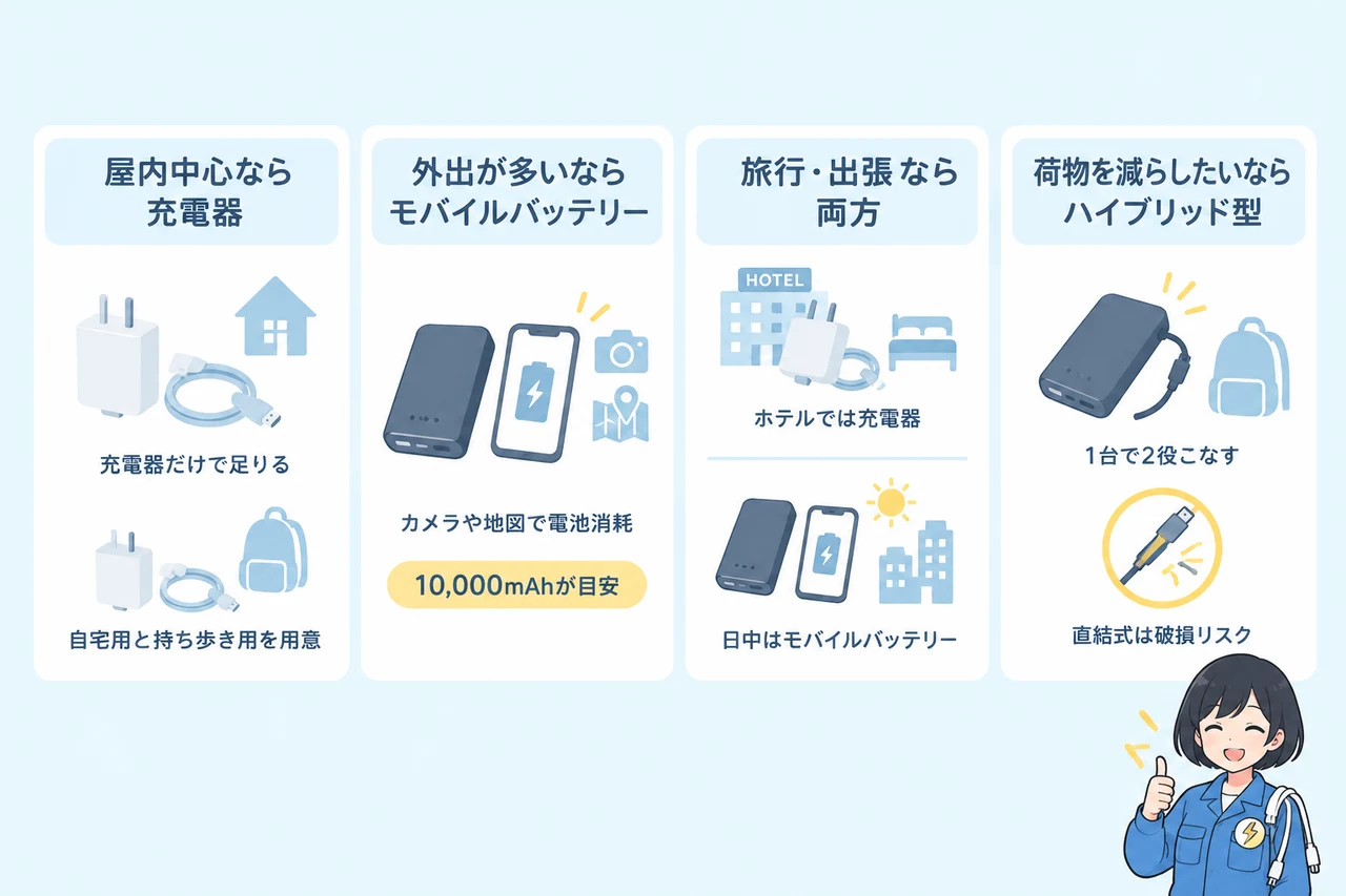 充電器とモバイルバッテリーはどっちを持つべき？の要点をまとめた図解（屋内中心なら充電器・外出が多いならモバイルバッテリー・旅行・出張なら両方）
