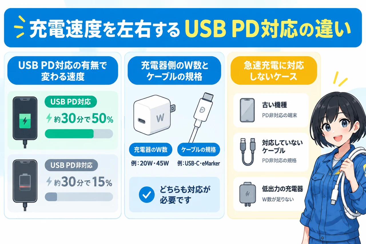 充電速度を左右するUSB PD対応の違いの要点をまとめた図解（USB PD対応の有無で変わる速度・充電器側のW数とケーブルの規格・急速充電に対応しないケース）