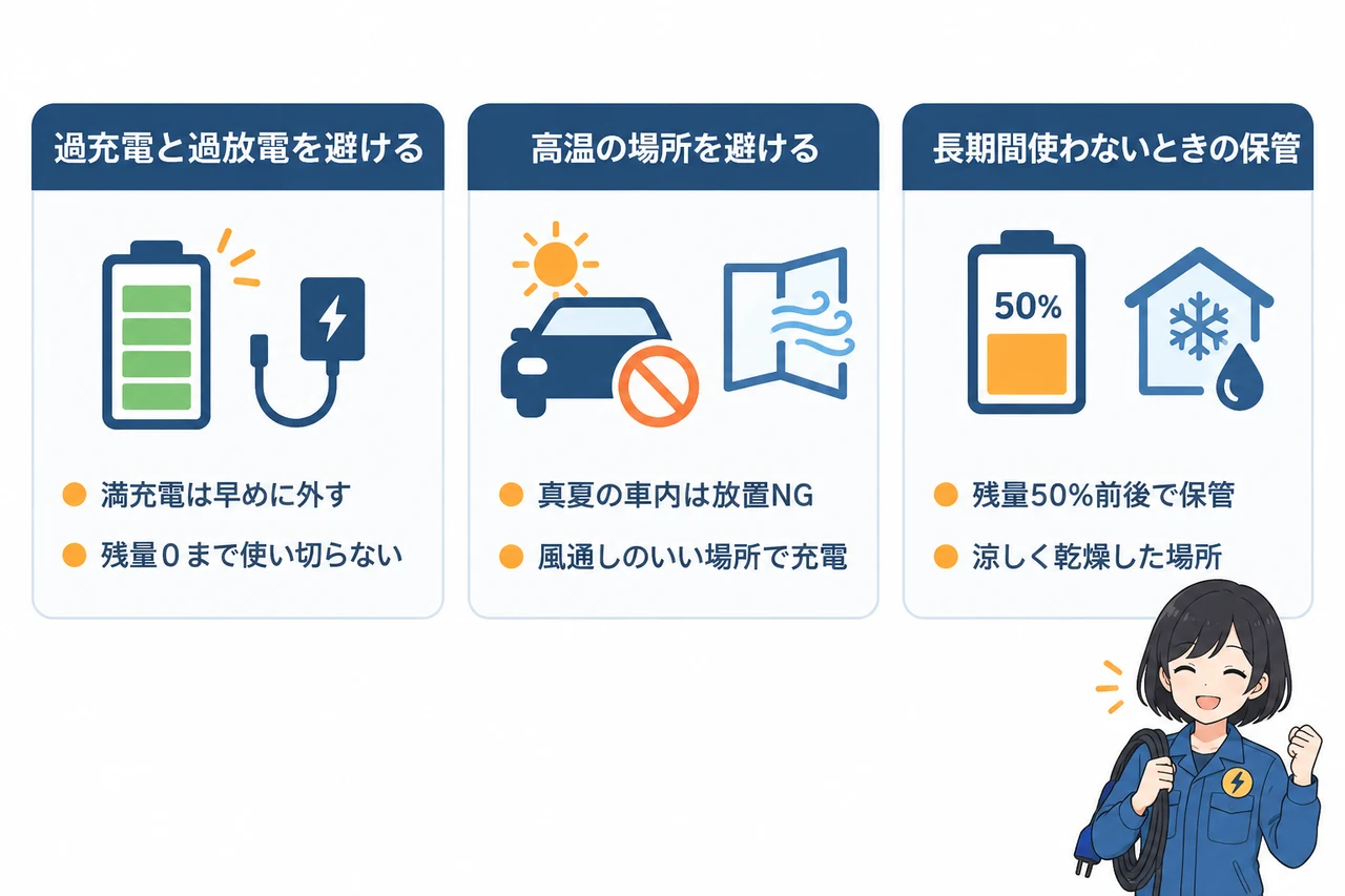 モバイルバッテリーの寿命を延ばす管理方法の要点をまとめた図解（過充電と過放電を避ける・高温の場所を避ける・長期間使わないときの保管）