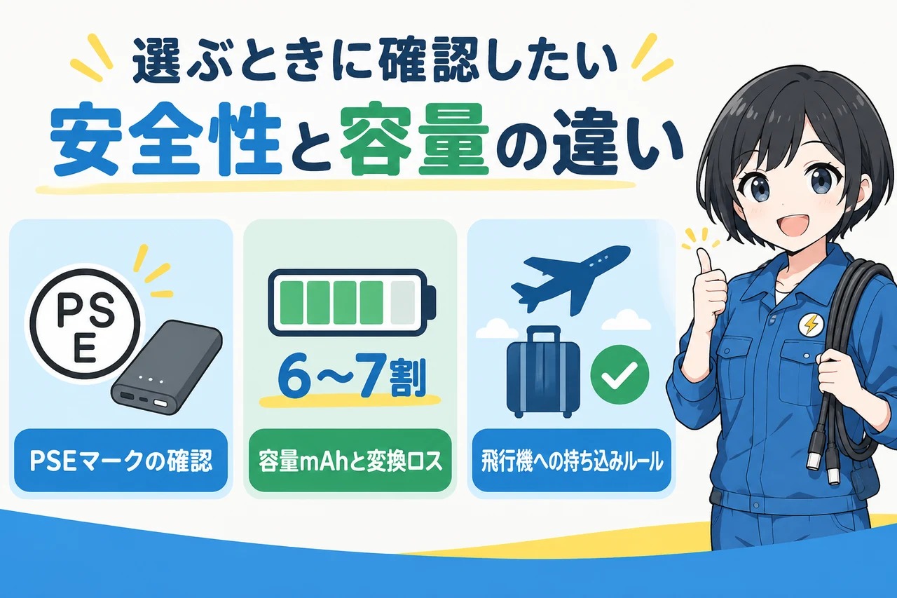 選ぶときに確認したい安全性と容量の違いの要点をまとめた図解（PSEマークの確認・容量mAhと変換ロス・飛行機への持ち込みルール）