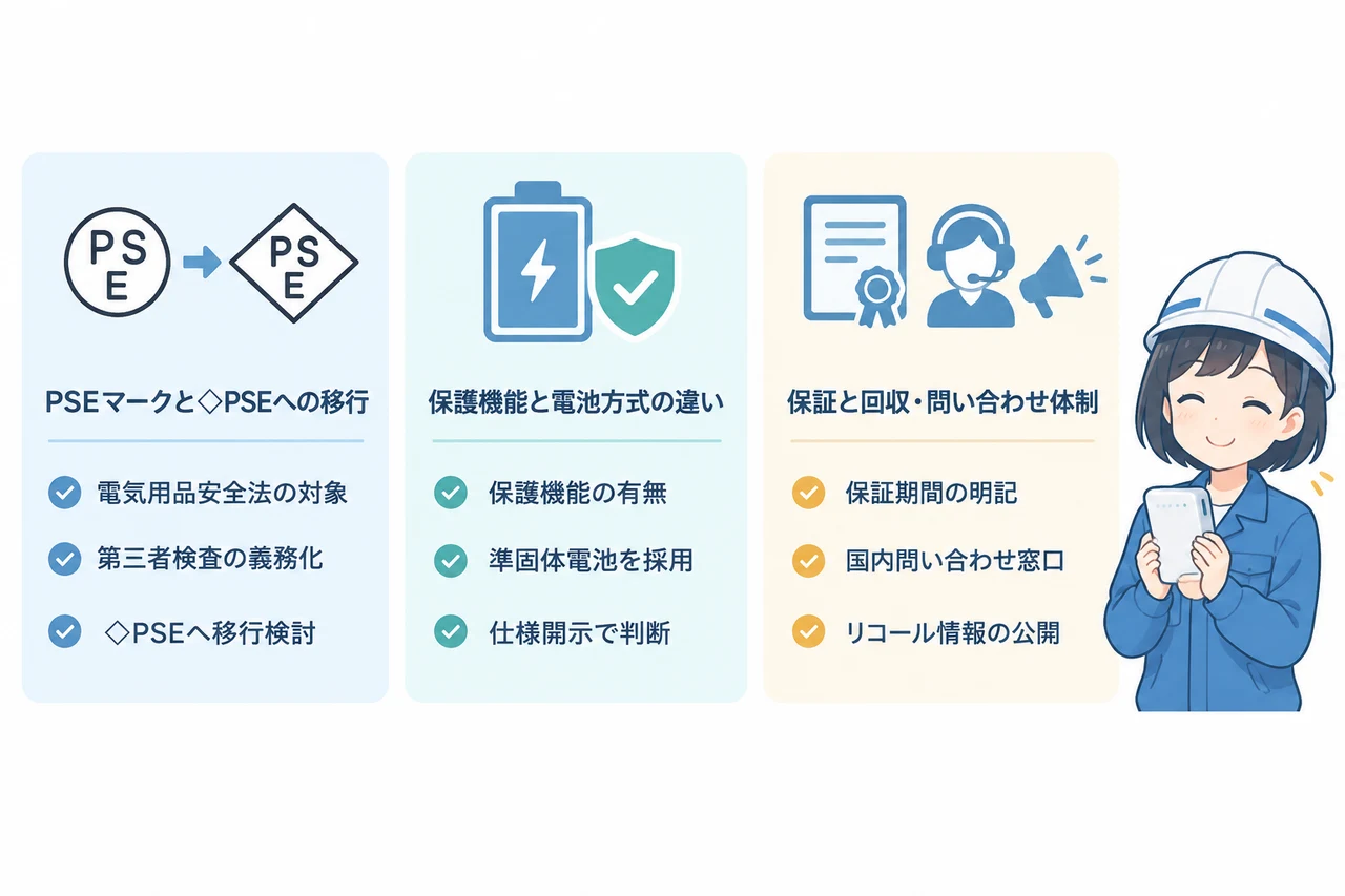 モバイルバッテリーの安全なメーカー選びで確認すべき基準の要点をまとめた図解（PSEマークと◇PSEへの移行・保護機能と電池方式の違い・保証と回収・問い合わせ体制）