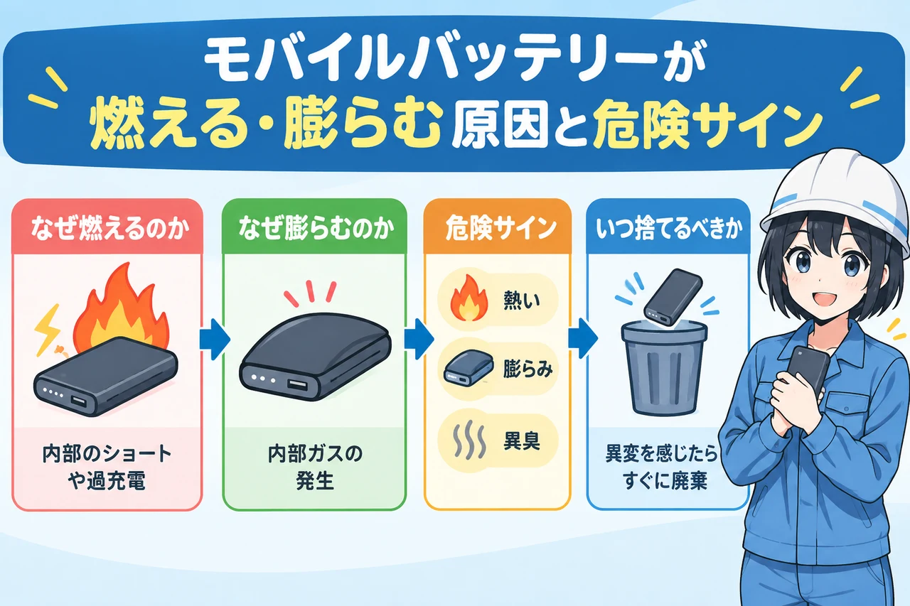 モバイルバッテリーが燃える・膨らむ原因と危険サインの要点をまとめた図解（なぜ燃えるのか・なぜ膨らむのか・いつ捨てるべきか）