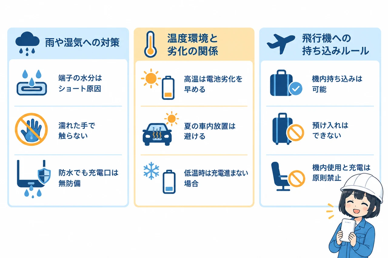 安全なモバイルバッテリーを使い続けるための注意点の要点をまとめた図解（雨や湿気への対策・温度環境と劣化の関係・飛行機への持ち込みルール）