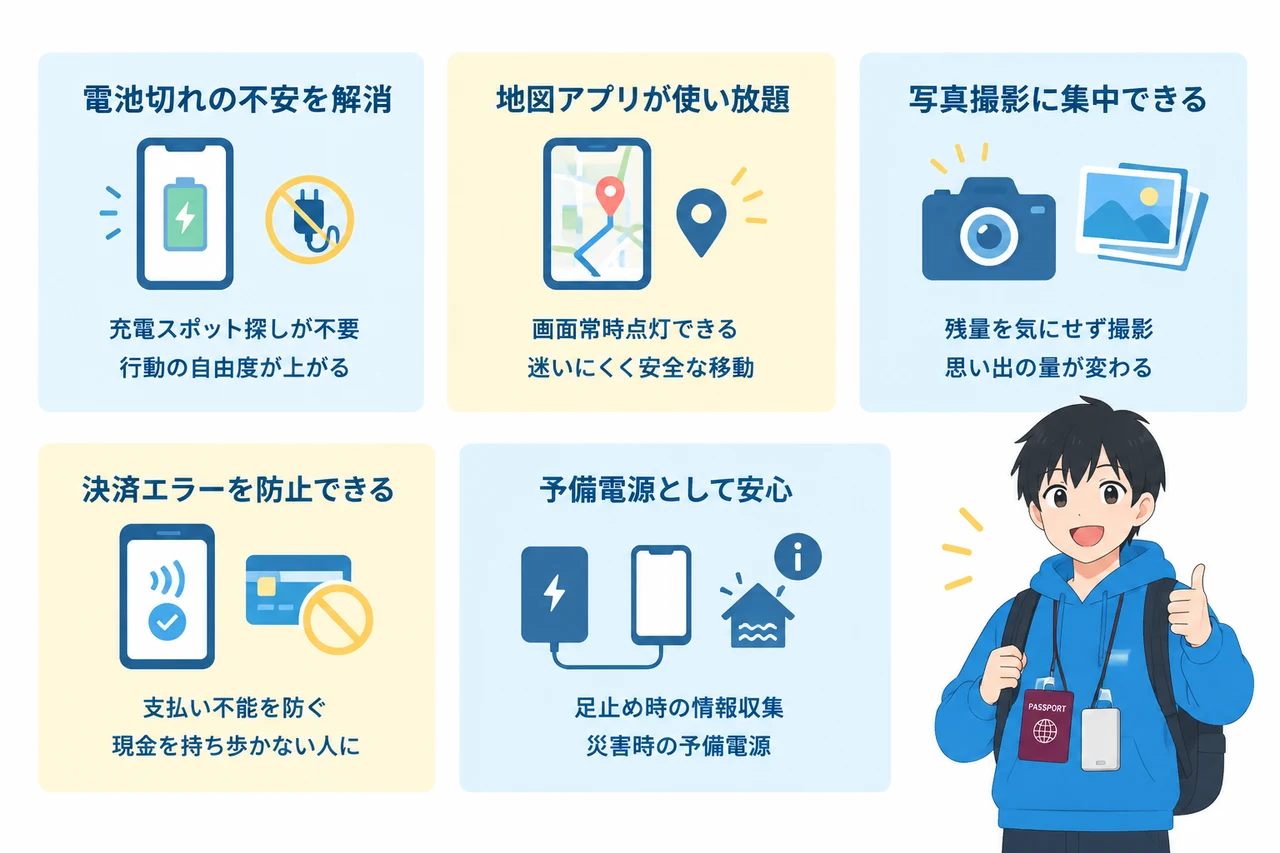 モバイルバッテリーを旅行で使うメリットの要点をまとめた図解（電池切れの不安を解消・地図アプリが使い放題・写真撮影に集中できる）