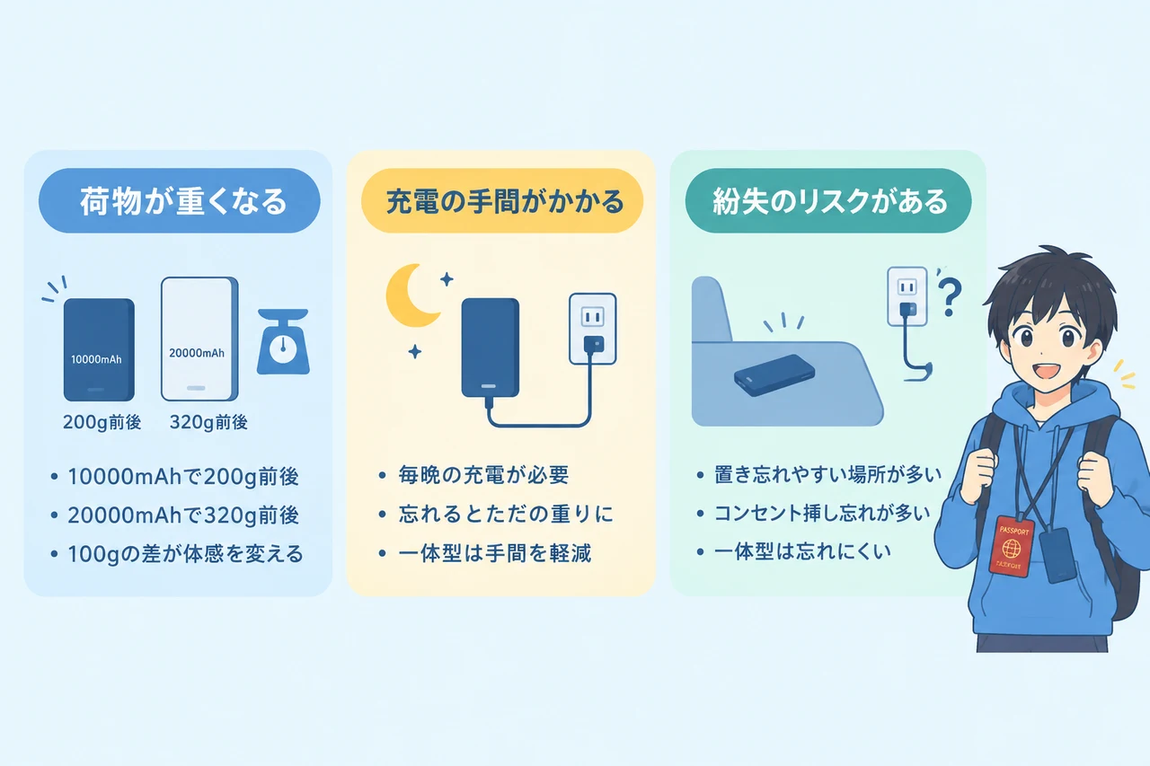 おすすめ品のデメリットの要点をまとめた図解（荷物が重くなる・充電の手間がかかる・紛失のリスクがある）