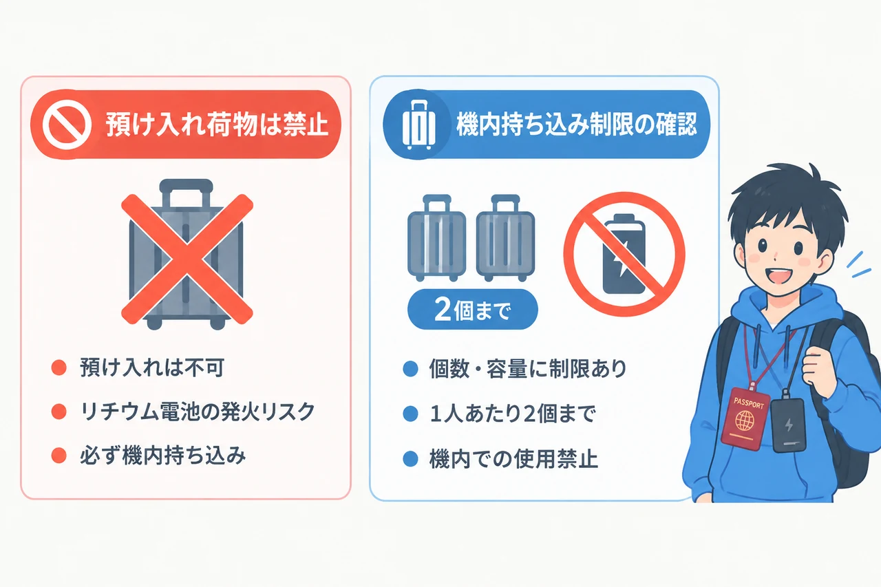 モバイルバッテリーの安全な持ち込み方の要点をまとめた図解（預け入れ荷物は禁止・機内持ち込み制限の確認）