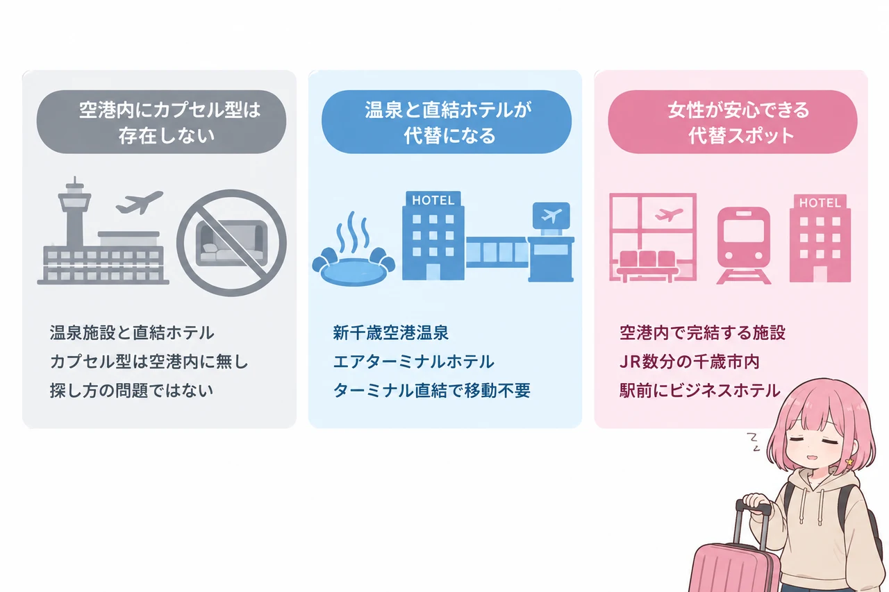 新千歳空港にカプセルホテルはある?女性の結論の要点をまとめた図解(空港内にカプセル型は存在しない・温泉と直結ホテルが代替になる・女性が安心できる代替スポット)