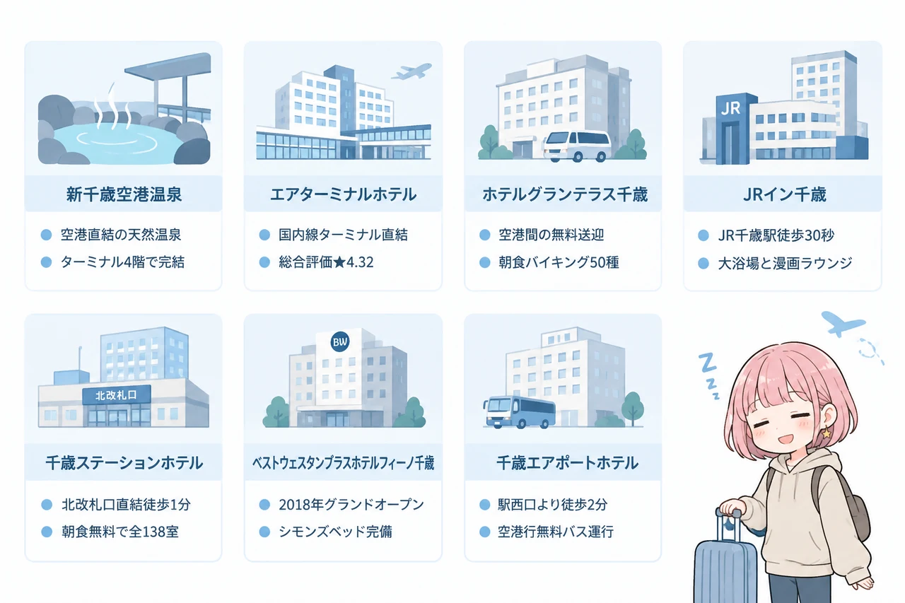 女性が使える新千歳空港周辺の宿泊先7選の要点をまとめた図解(新千歳空港温泉・エアターミナルホテル・ホテルグランテラス千歳)