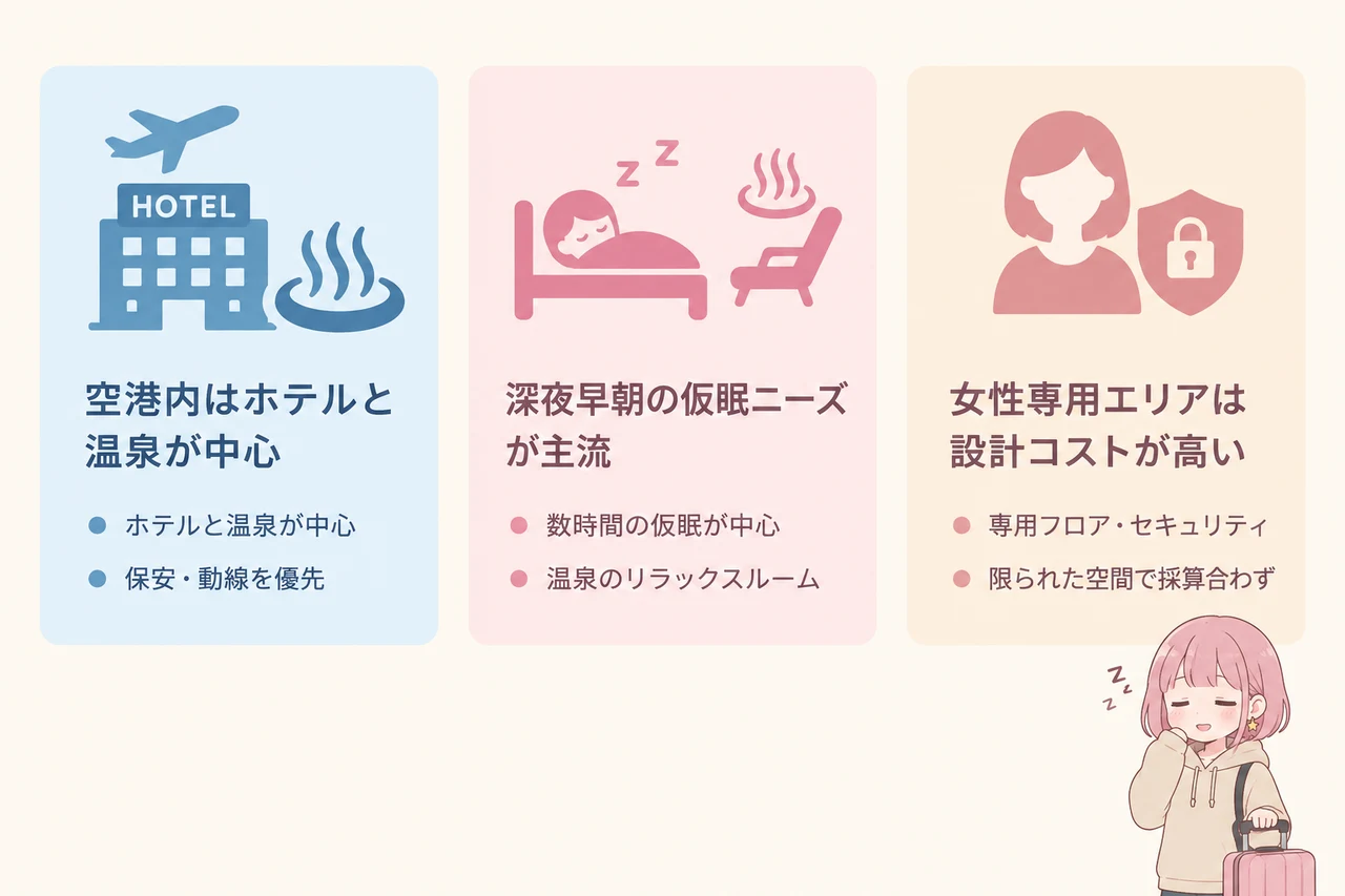 女性向けカプセルホテルが少ない理由の要点をまとめた図解(空港内はホテルと温泉が中心・深夜早朝の仮眠ニーズが主流・女性専用エリアは設計コストが高い)