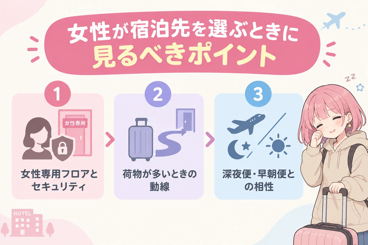 女性が宿泊先を選ぶときに見るべきポイントの要点をまとめた図解(女性専用フロアとセキュリティ・荷物が多いときの動線・深夜便・早朝便との相性)