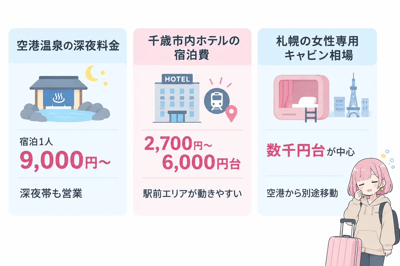 新千歳空港周辺で仮眠するときの料金相場の要点をまとめた図解(空港温泉の深夜料金・千歳市内ホテルの宿泊費・札幌の女性専用キャビン相場)
