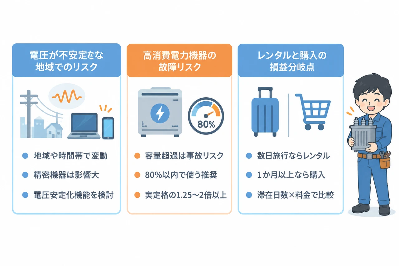 フィリピンで変圧器を使う際の注意点の要点をまとめた図解（電圧が不安定な地域でのリスク・高消費電力機器の故障リスク・レンタルと購入の損益分岐点）