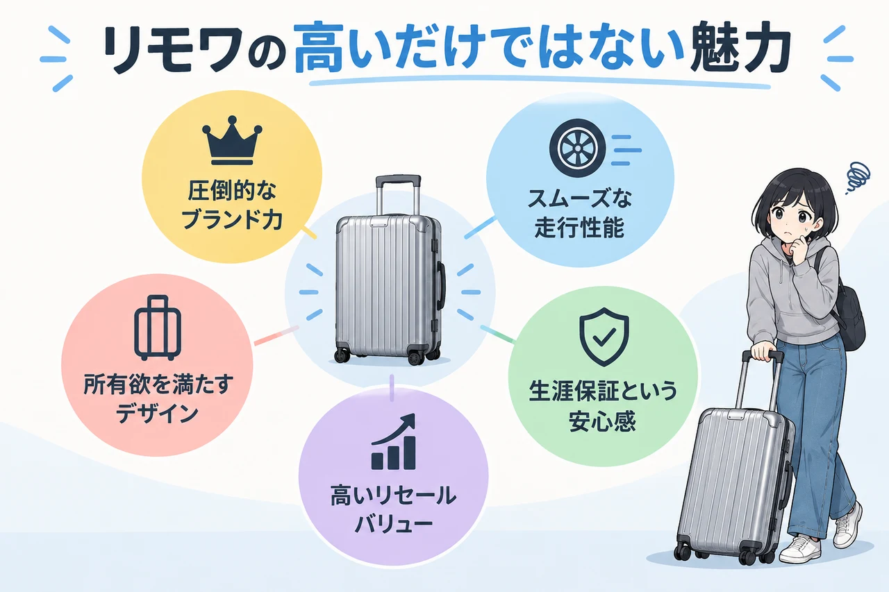 リモワの高いだけではない魅力の要点をまとめた図解(圧倒的なブランド力・スムーズな走行性能・生涯保証という安心感)