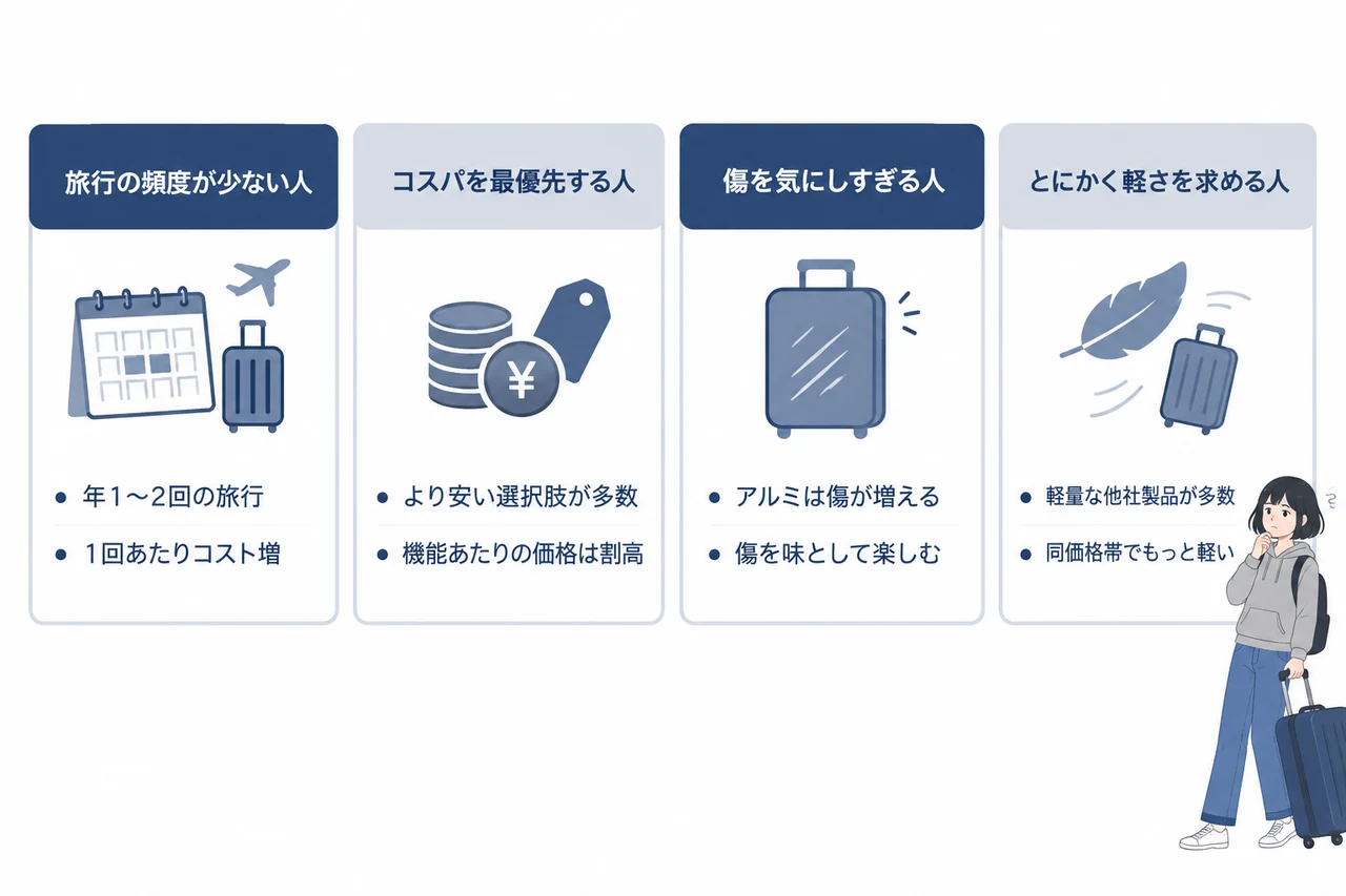 リモワの購入を後悔しやすい人の特徴の要点をまとめた図解(旅行の頻度が少ない人・コスパを最優先する人・傷を気にしすぎる人)