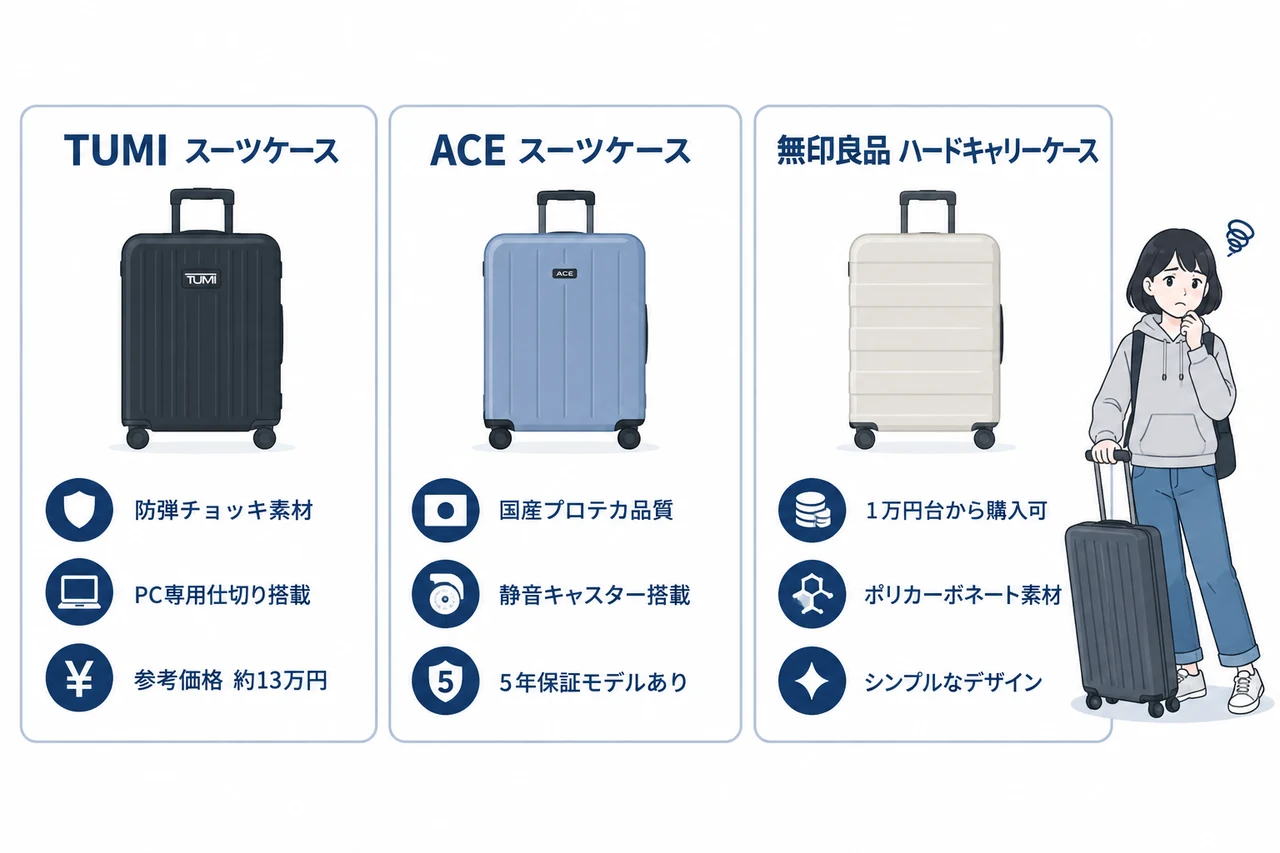 リモワの代わりに検討したいスーツケース3選の要点をまとめた図解(TUMI スーツケース・ACE スーツケース・無印良品 ハードキャリーケース)
