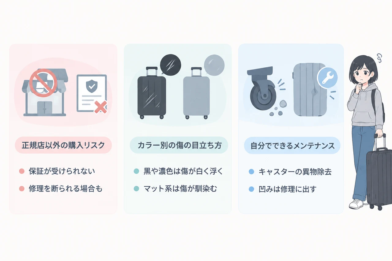 リモワの購入前に知っておきたい注意点の要点をまとめた図解(正規店以外の購入リスク・カラー別の傷の目立ち方・自分でできるメンテナンス)