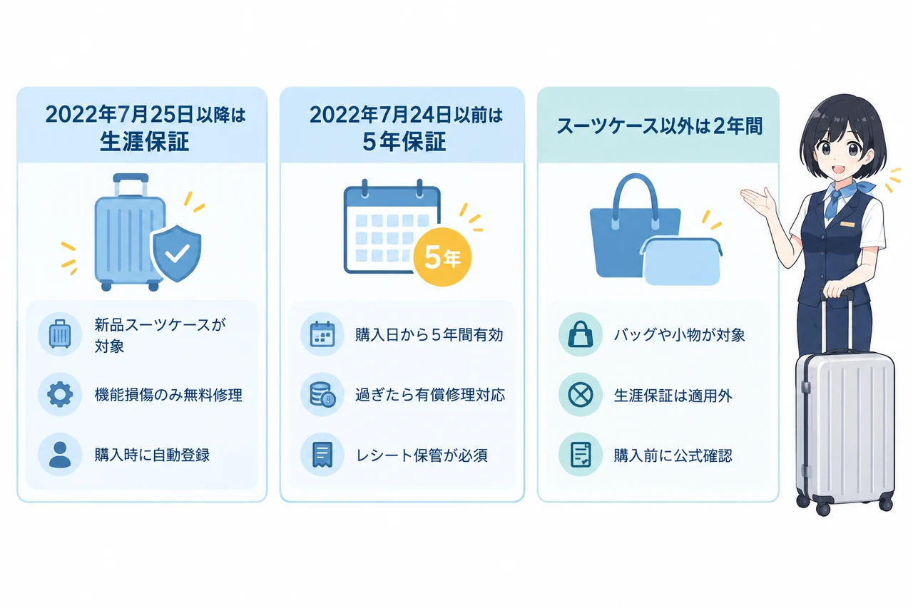 リモワのスーツケース保証は購入時期で決まるの要点をまとめた図解(2022年7月25日以降は生涯保証・2022年7月24日以前は5年保証・スーツケース以外は2年間)