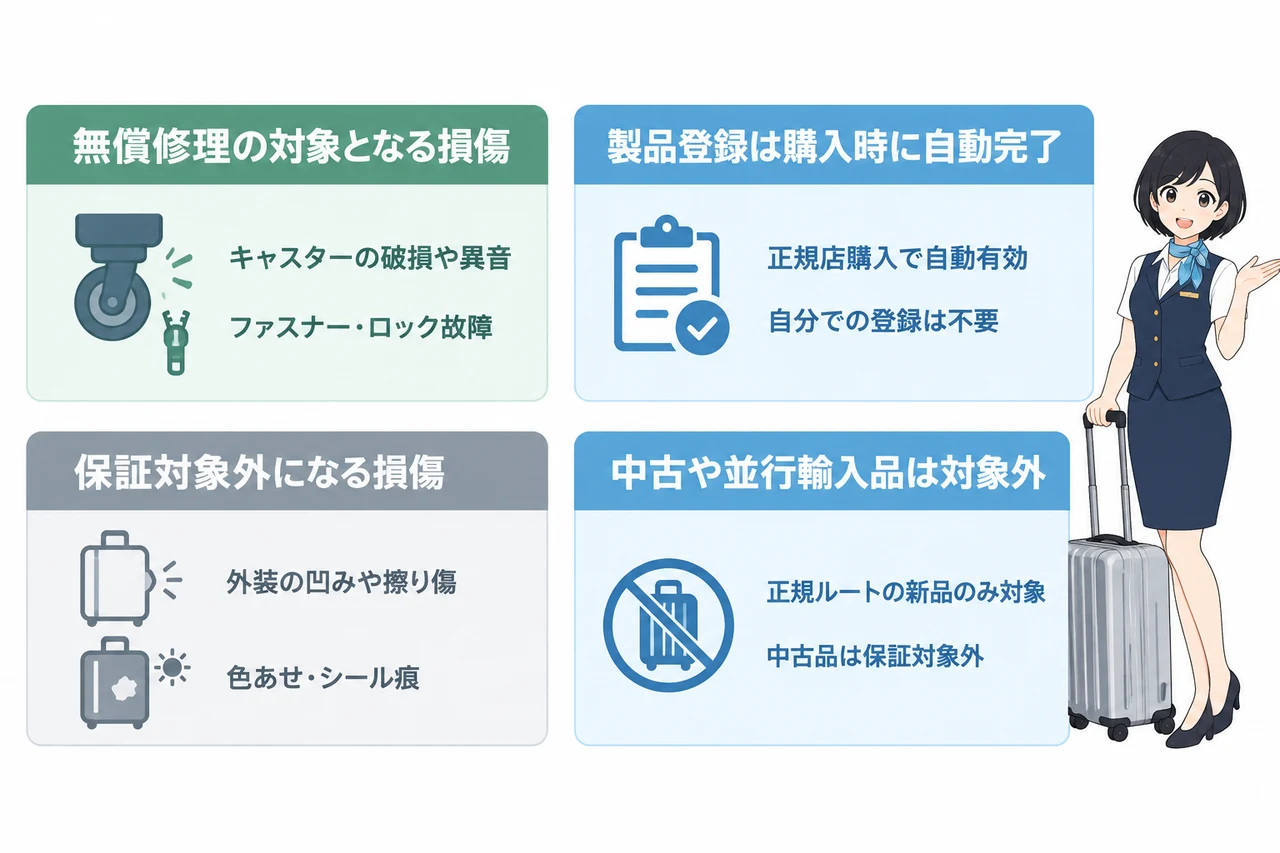 リモワの生涯保証の対象範囲と条件の要点をまとめた図解(無償修理の対象となる損傷・保証対象外になる損傷・製品登録は購入時に自動完了)