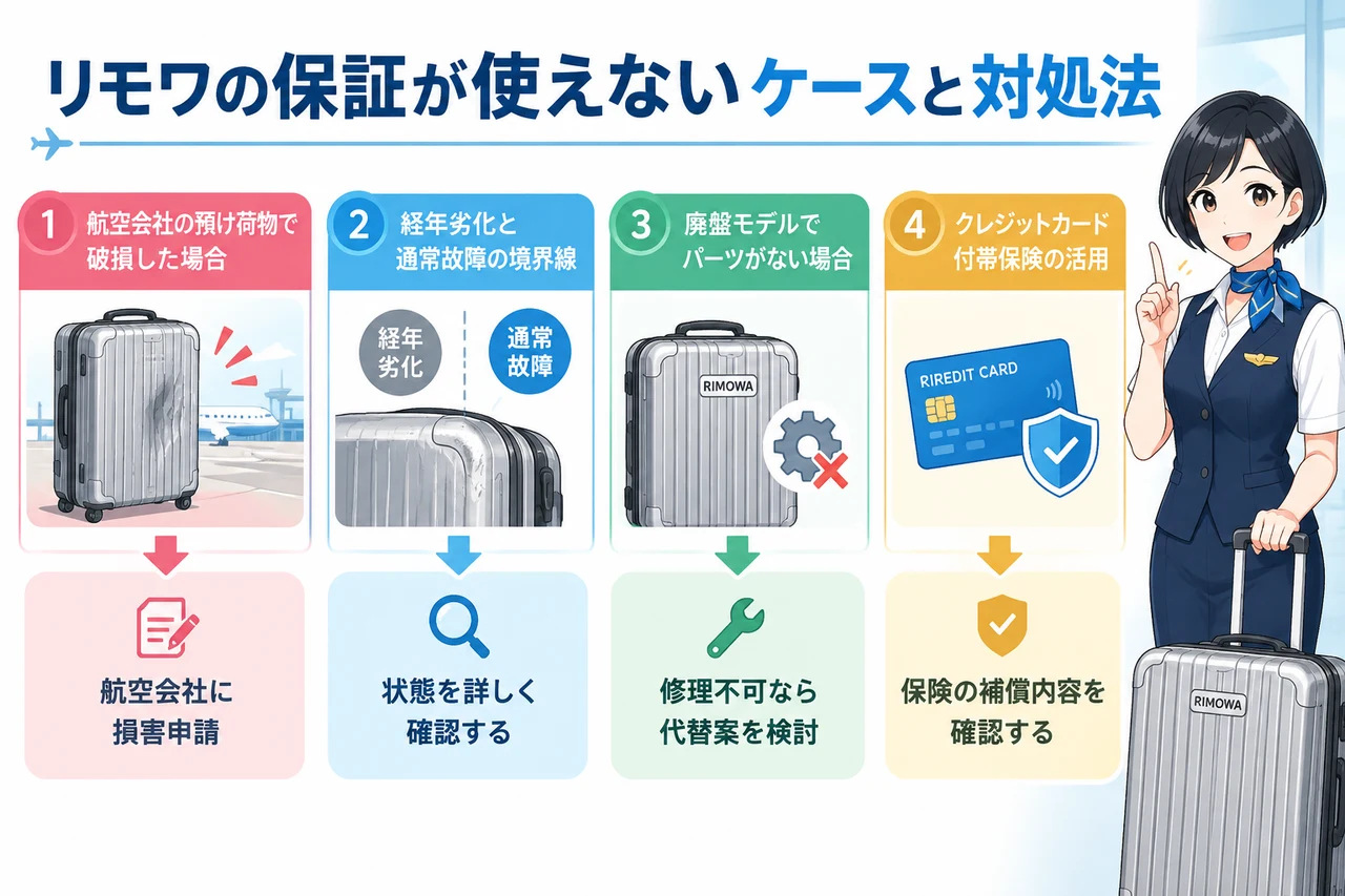 リモワの保証が使えないケースと対処法の要点をまとめた図解(航空会社の預け荷物で破損した場合・経年劣化と通常故障の境界線・廃盤モデルでパーツがない場合)