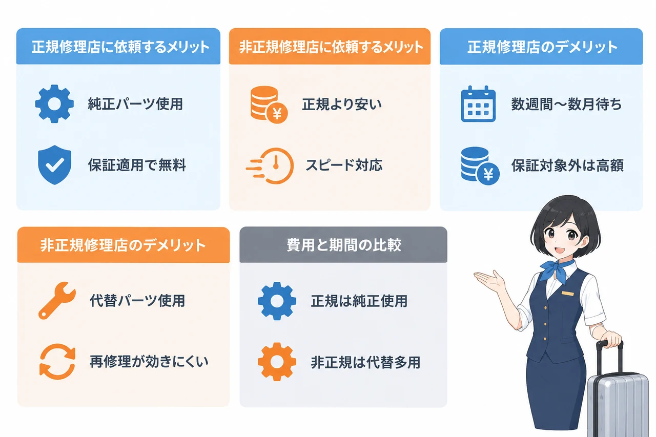 リモワの修理は正規と非正規どちらに頼む?の要点をまとめた図解(正規修理店に依頼するメリット・非正規修理店に依頼するメリット・正規修理店のデメリット)