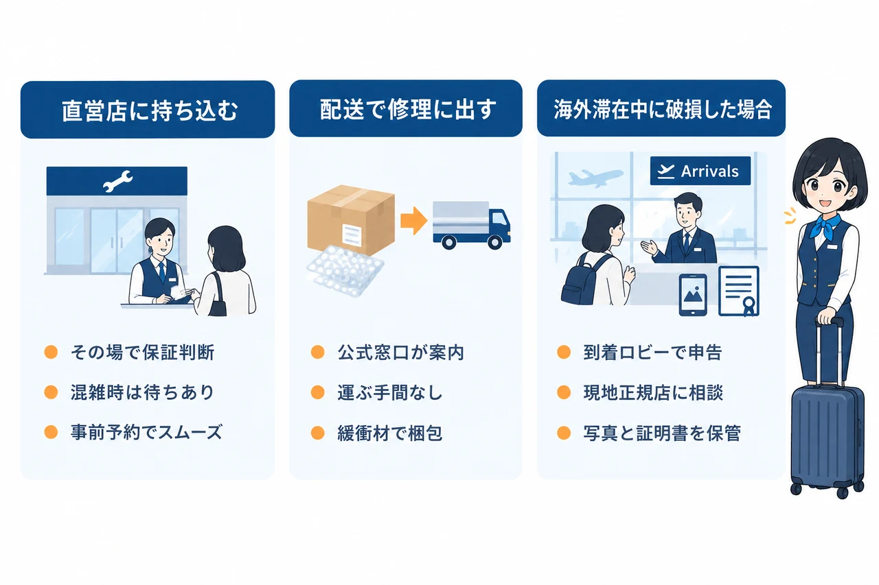 リモワの保証を使った修理の依頼方法の要点をまとめた図解(直営店に持ち込む・配送で修理に出す・海外滞在中に破損した場合)