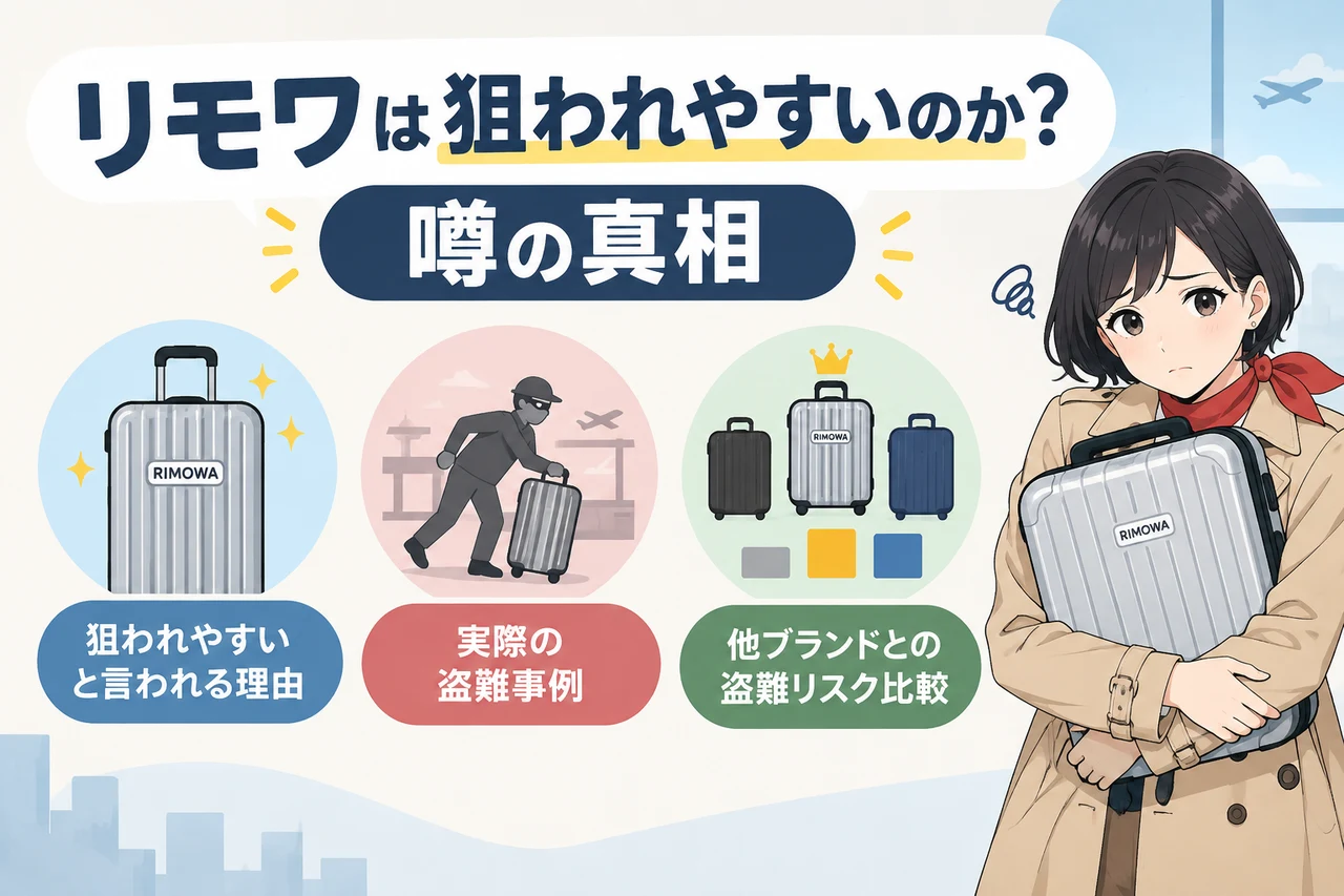 リモワは狙われやすいのか？噂の真相の要点をまとめた図解（狙われやすいと言われる理由・実際の盗難事例・他ブランドとの盗難リスク比較）