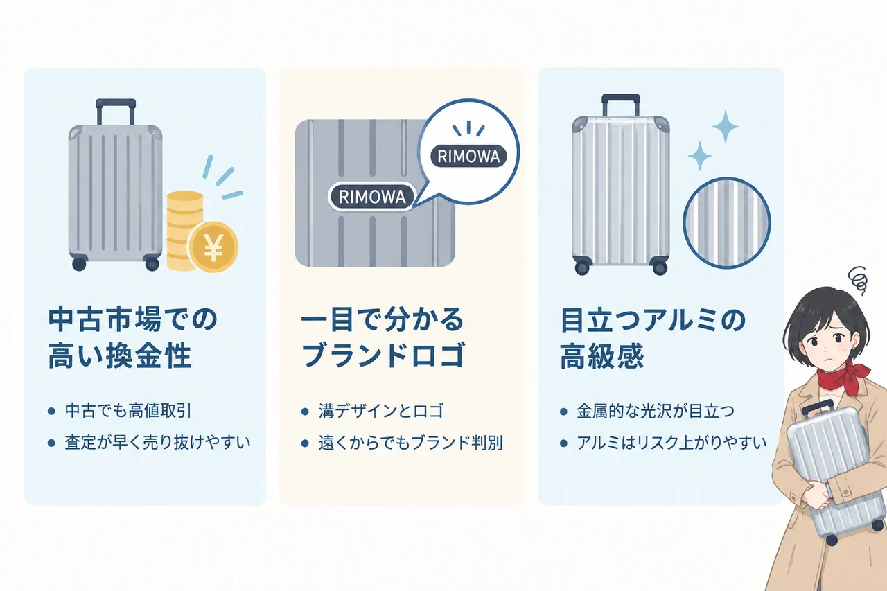 リモワが狙われやすいと言われる3つの理由の要点をまとめた図解（中古市場での高い換金性・一目で分かるブランドロゴ・目立つアルミの高級感）