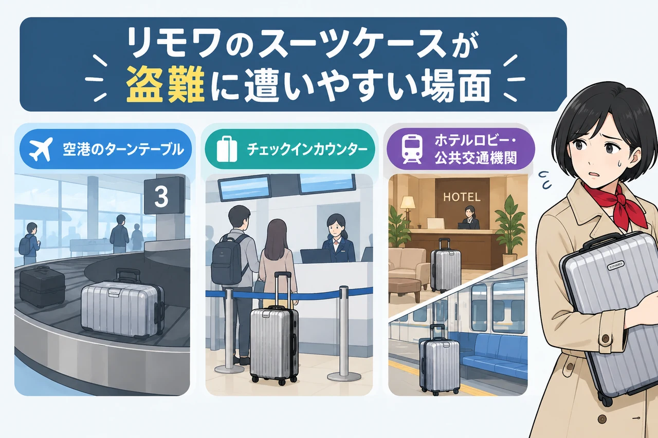 リモワのスーツケースが盗難に遭いやすい場面の要点をまとめた図解（空港のターンテーブル・チェックインカウンター・ホテルロビー・公共交通機関）