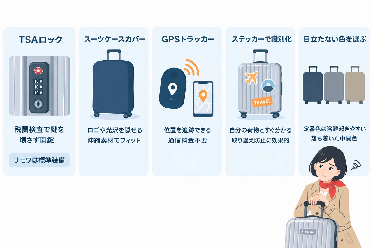 リモワの盗難リスクを下げる防犯対策の要点をまとめた図解（TSAロック・スーツケースカバー・GPSトラッカー）