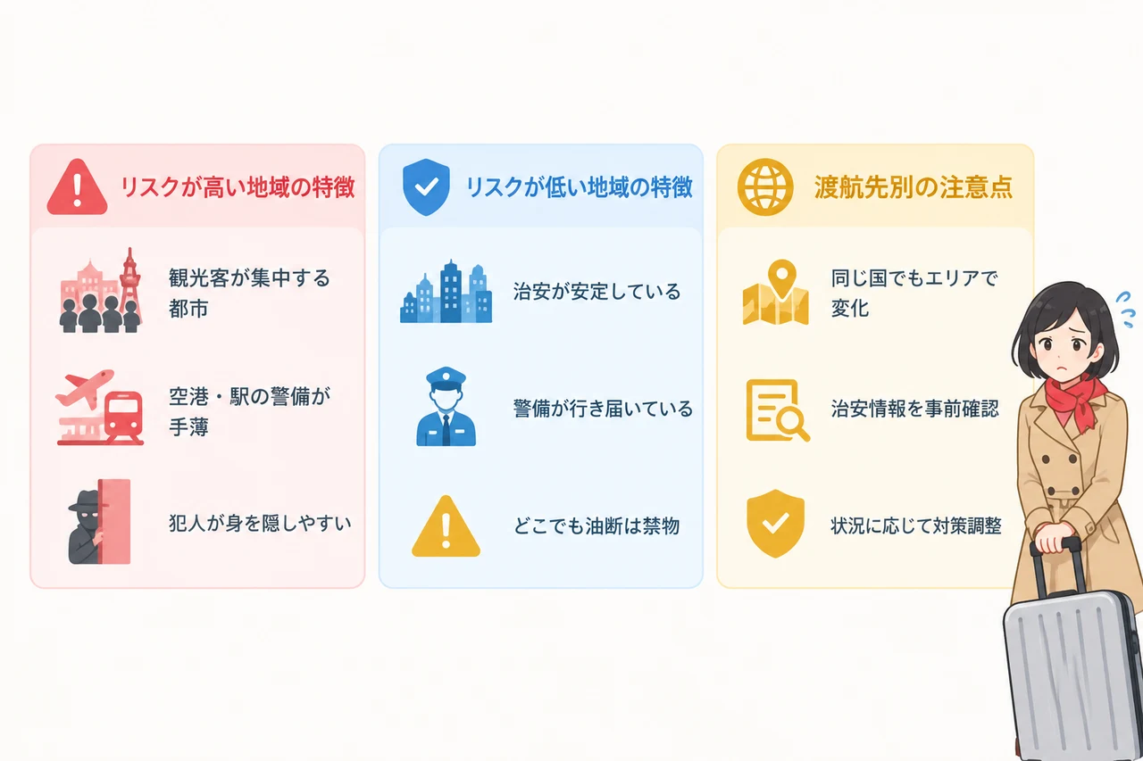 盗難リスクが高い国と低い国の傾向の要点をまとめた図解（リスクが高い地域の特徴・リスクが低い地域の特徴・渡航先別の注意点）