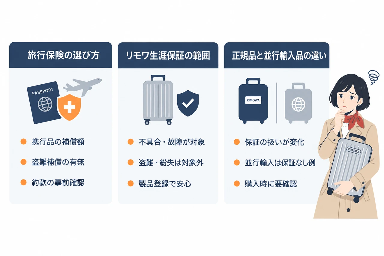 リモワの盗難に備える保証と保険の要点をまとめた図解（旅行保険の選び方・リモワ生涯保証の範囲・正規品と並行輸入品の違い）