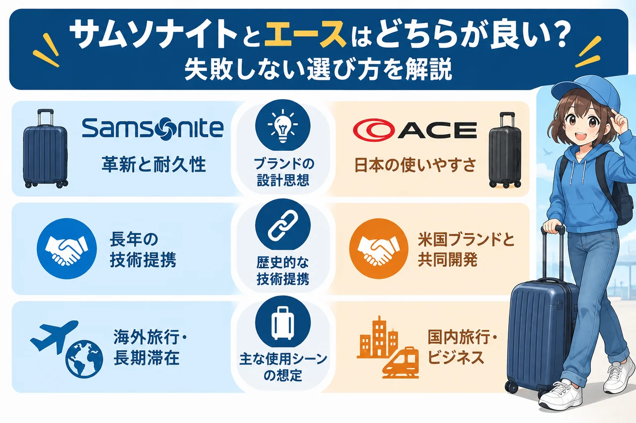 サムソナイトとエースはどちらが良い？失敗しない選び方を解説の要点をまとめた図解（ブランドの設計思想・歴史的な技術提携・主な使用シーンの想定）