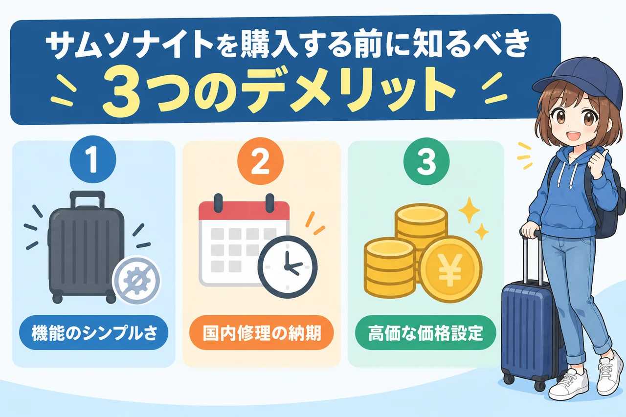 サムソナイトを購入する前に知るべき3つのデメリットの要点をまとめた図解（機能のシンプルさ・国内修理の納期・高価な価格設定）