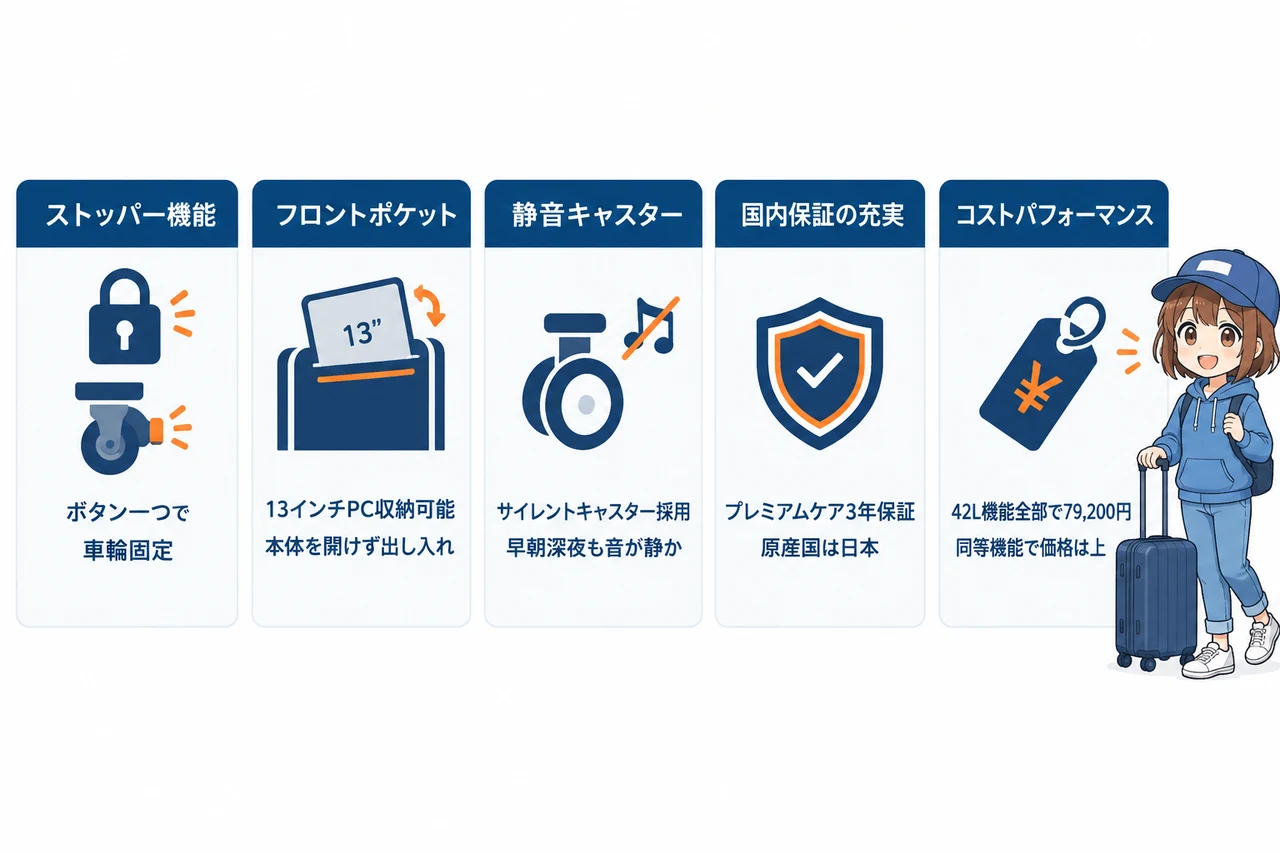 エースを選ぶ5つのメリット日本品質と細やかな機能の要点をまとめた図解（ストッパー機能・フロントポケット・静音キャスター）