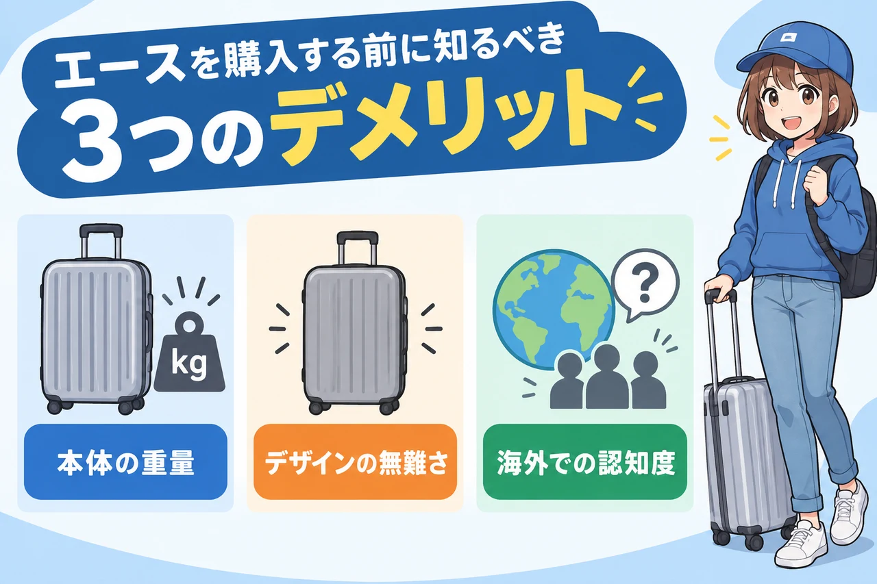 エースを購入する前に知るべき3つのデメリットの要点をまとめた図解（本体の重量・デザインの無難さ・海外での認知度）