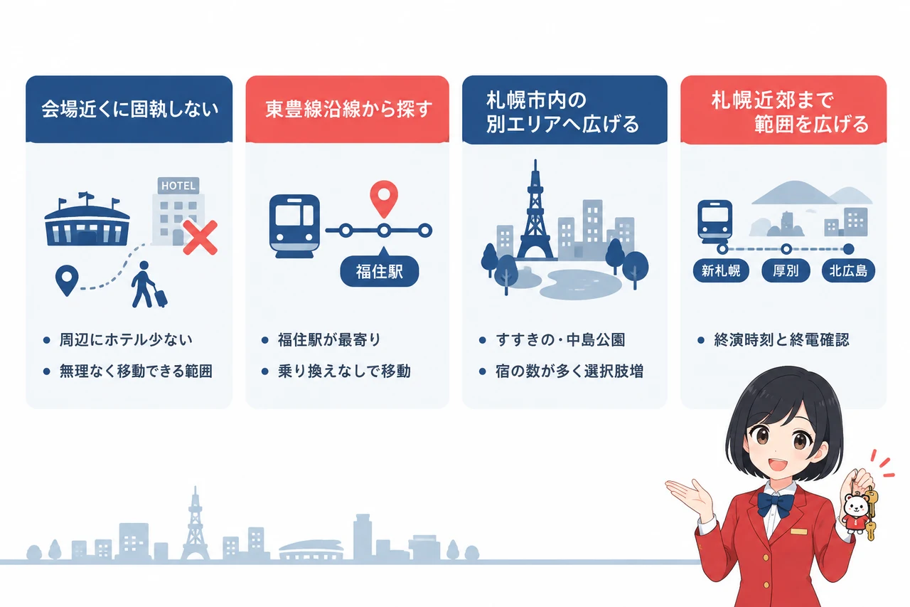 札幌ドームのホテルが取れない時の探し方の要点をまとめた図解（会場近くに固執しない・東豊線沿線から探す・札幌市内の別エリアへ広げる）