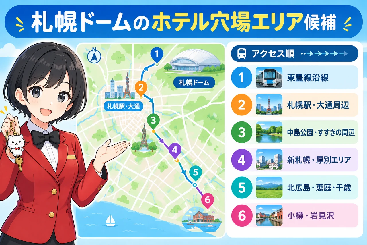 札幌ドームのホテル穴場エリア候補の要点をまとめた図解（東豊線沿線・札幌駅・大通周辺・中島公園・すすきの周辺）