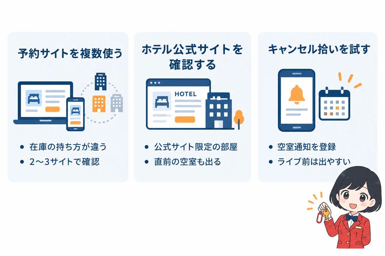 札幌ドームのホテル予約で空室を見つけるコツの要点をまとめた図解（予約サイトを複数使う・ホテル公式サイトを確認する・キャンセル拾いを試す）